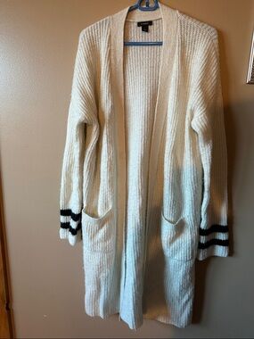 Halogen Cream Open-Front Long Cardigan with Black Cuff Stripes